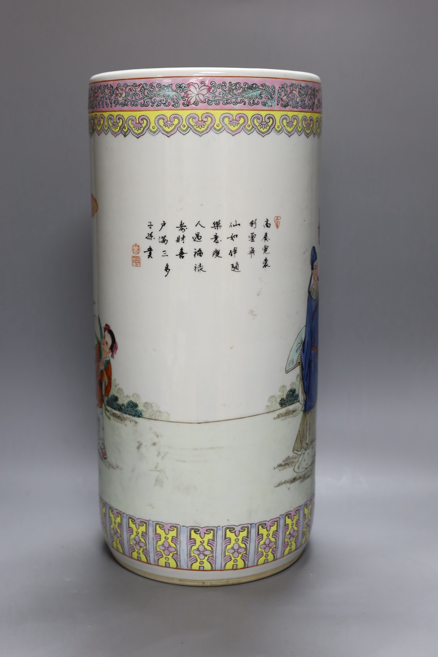 A Chinese Republic period ceramic umbrella stand, signed, 45.5 cms high